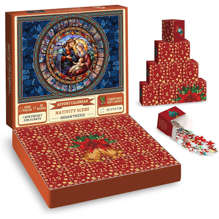 Julkrubbe Adventskalender 2024 Julpussel 1008 Brikker til Voksne, Glasmalet Jesuspussel Julnedtællingskalender