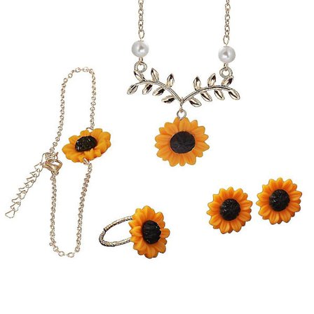 4 stk/sett Mote Solsikke Anheng Halskjede Stud Øredobber Ring Armbånd Smykker