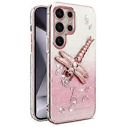 KADEM Deksel til Samsung Galaxy S25 Ultra med Dragonfly Støtte TPU Blomster Glitter Telefondeksel (Stil A)