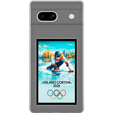 Yhteensopiva Puhelinkuori Google Pixel 7a Jääkiekkoilukuva, jossa pelaajat liikkuvat jäällä, Milano Cortina 2026, Milanin maamerkit ja olympialaisten