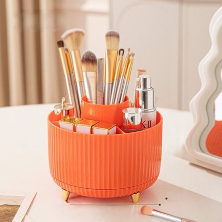 Roterende sminkekostholder, egnet for bruk på skrivebord - Kosmetisk oppbevaringsboks 15 * 15 * 12,5 cm (oransje)