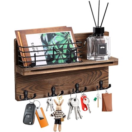 Vægmonteret nøgleholder i træ, nøgleplade i træ med 4 dobbelte kroge, vintage nøgleboks med hylde, til stue, badeværelse