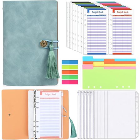 Budsjettperm med 24 ark og 10 klare glidelåslommer - Pengeorganisator for kontanter, kuponger og frimerker, A5 kontantfyllingssystem (Premiu