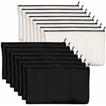Pakke med 15 tomme bomuldsposer, håndværksposer med lynlås, makeup-taske til opbevaring af kosmetik (beige & sort, 21 x 12 cm)