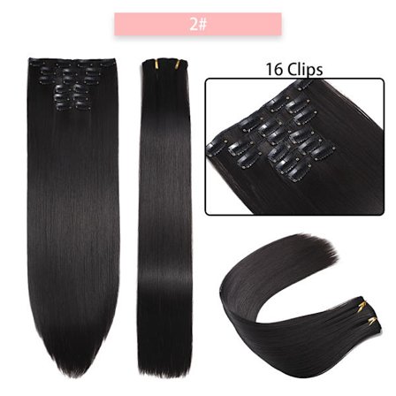 24 tum 16 clips i syntetiskt hårförlängning Lång rak frisyr Syntetbrun Svart hårstrån Värmebeständigt löshår