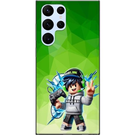 Kompatibelt Mobildeksel til Samsung Galaxy S22 Ultra 5G Roblox-inspirert gamerfigur med headset, håndkontroll og energiske effekter mot grønn bakgru