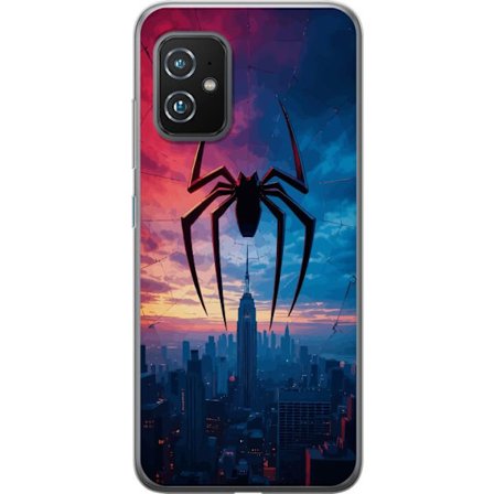 Kompatibel Mobilcover til Asus Asus Zenfone 8 Stiliseret edderkop over byens silhuet i dramatisk solnedgang, grafisk fantasyillustration med stærke f