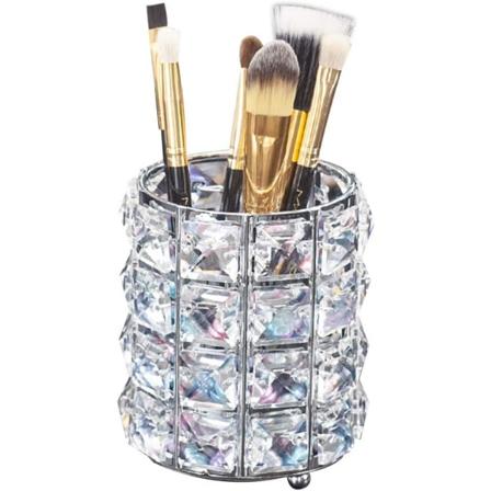 Personlig skinnende krystal guld makeup børsteholder opbevaringsboks guld kam pen holder opbevaringsboks (krystal potte - sølv)