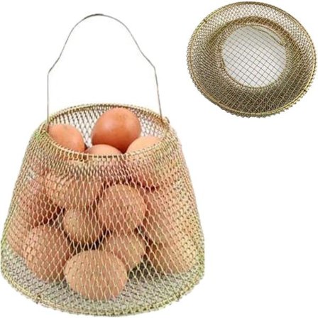 Sammenklappelig Rund Æggekurv - Metaltrådskurv med Håndtag, Ideel til Hængende Opbevaring og Indsamling af Æg fra Gården - Speciel Gylden Kurv til