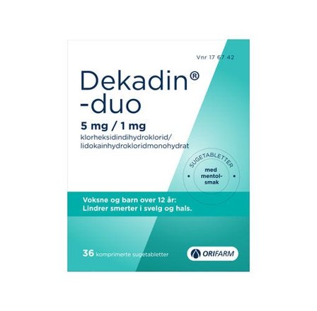 Dekadin-duo 5 mg/1 mg sugetabletter med mentolsmak 36 stk
