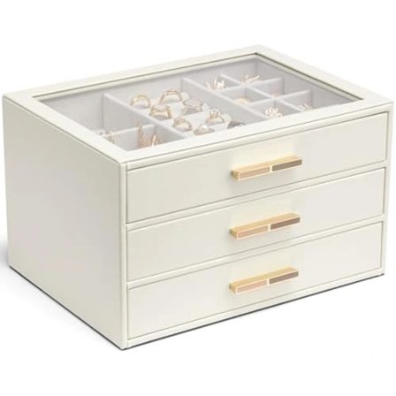 【PP】Smykkeskrin til kvinder, smykkeorganisator med glaslåg og 3 skuffer til halskæder, ringe, øreringe, armbånd - Hvid-FA13-