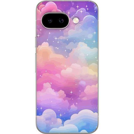 Kompatibelt Mobildeksel til Google Pixel 9a Søt enhjørning med regnbuefarget hår mot en stjernebelagt pastellbakgrunn i kawaii-stil