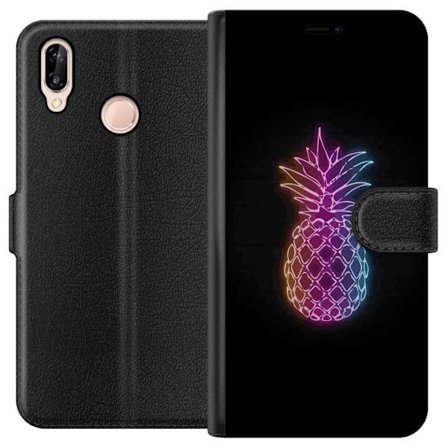 Kompatibelt Lommeboketui til Huawei Huawei P20 lite Neonlysillustrasjon av ananas i fargerikt lys mot svart bakgrunn