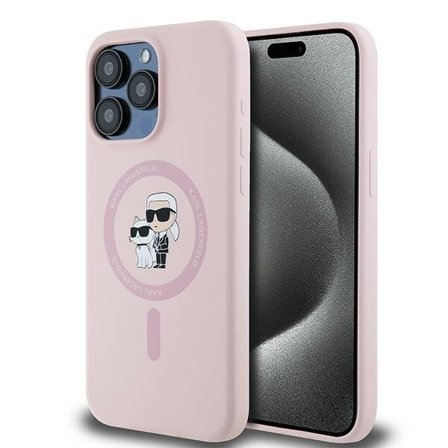 Karl Lagerfeld Silikoni Karl&Choupette Ring MagSafe Case for iPhone 15 Pro Max - vaaleanpunainen
