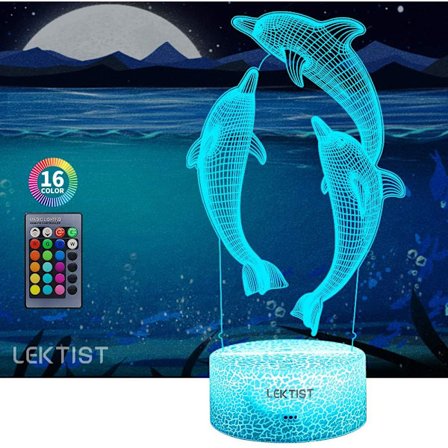 Dolphin 3D Natlampe til Børn 16 Farveskiftende 3D Illusion Lampe med Fjernbetjening, Dolphin 3D Lampe Dolphin Lampe til Soveværelse Dolphin Gave