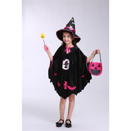 Heksekostyme for jenter Black Cat Wizard Cosplay-kostymesett 3 stk. Jenter Halloween Carnival Party Heksekappekjole(Hatt Pumpkin Goodie Bag-kostyme)