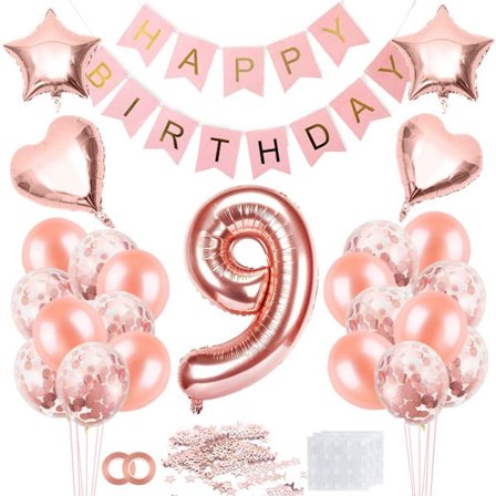 9-års bursdagsjenteballong, rosegull 9-ballong, 9 år gammel bursdag