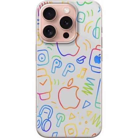 Kompatibel Mobilcover til Apple Apple iPhone 16 Pro Apple-ikonmønster med iPhone AirPods Apple Watch og musiksymboler farverigt tech-design perfekt t