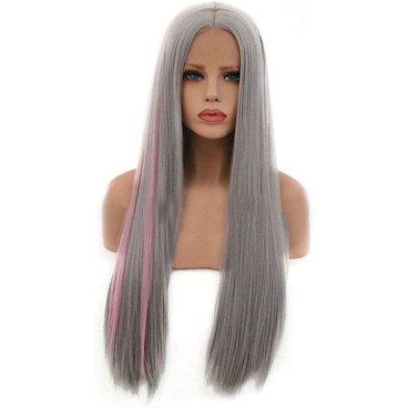 Hårförlängningar Fashian Grandma Ash Highlights Rosa i det långa raka håret Ms. Front Lace Chemical Wig Peruk (Färg : Fotofärg, Storlek :