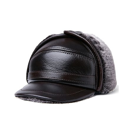 Herre 100% ekte kuskinnhatt Vinter varm utendørs beskytt øre ekte skinnlue for vinter varm fôr (mørk brun) 2XL {59-60cm}
