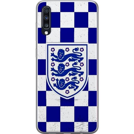 Kompatibel Mobilcover til Samsung Samsung Galaxy A70 Grafisk skakternet mønster i blåt og hvidt med et klassisk heraldisk emblem, retro-inspireret s