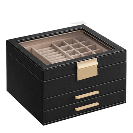 Smykkeskrin med glasslokk, 3-lags smykkeorganisator med 2 skuffer, smykkeoppbevaring, gaveidé, 20,3 x 23,1 x 13,5 cm