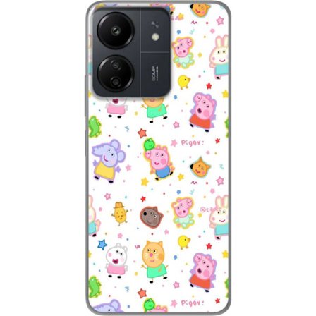 Kompatibelt Mobildeksel til Xiaomi Redmi 13C Fargerike tegneserie dyrekarakterer i en leken stil med stjerner og prikker på en lys bakgrunn