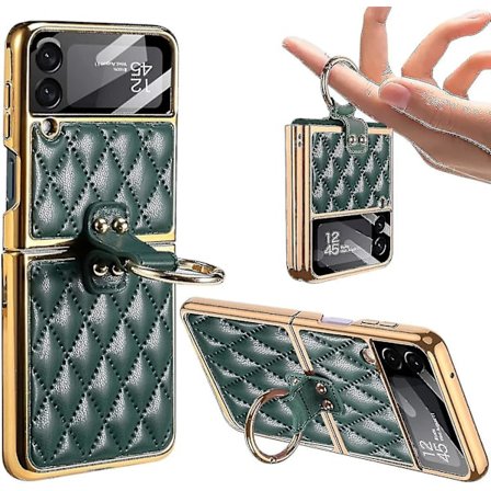 Rhomboid-nahkainen kotelo Samsung Galaxy Z Flip 3:lle renkaalla, sähköpinnoitettu kehyssuojus