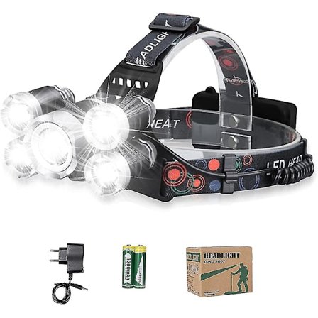 Genopladelig Pandelampe - 12000lm Kraftig Belysning Ultra USB Genopladelig 5 LED 4 Lystilstande IPX4 2 X 18650 Til Camping Jagt Fiskeri Klatring Hi