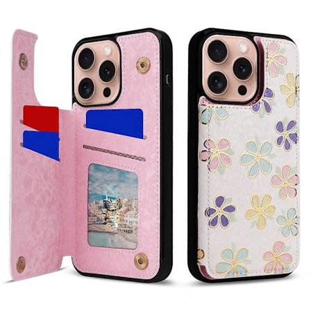For iPhone 16 Pro Case Flower Leather+TPU RFID Blocking Card Slot Phone Case
