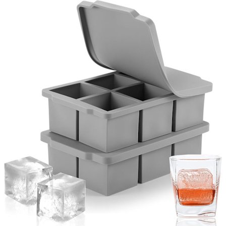 Stor isterningbakke med låg, 21-rums silikone isterningemager, lækagesikker aftagelig låg til whisky, cocktails, juice, kaffe, genanvendelig grå 2-pak