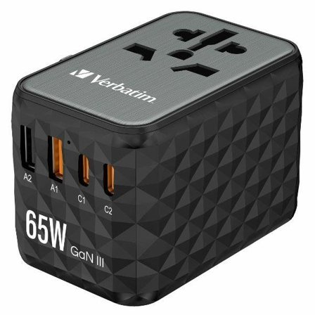 Verbatim Reseladdare GaN 65W PD 2xUSB-C 2xUSB-A EU/UK/US - Svart