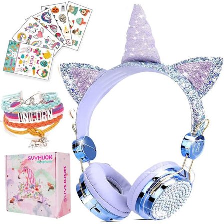 Unicorn Kids Bluetooth-hörlurar för flickor, trådlösa hörlurar med mikrofon för tonåringar, säker volymbegränsad 85db POM Kattöra Over-Ear Headset HD