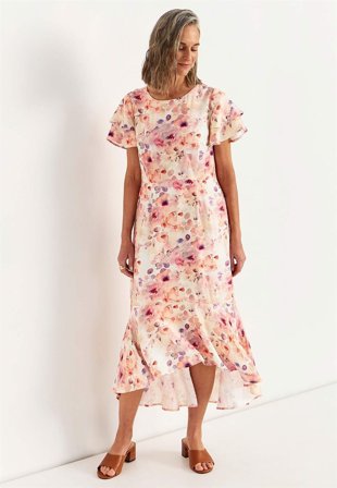 Cellbes of Sweden - Volangkjole med sommerfugleærmer i rosa/aprikos/mønstret for damer i størrelse 60