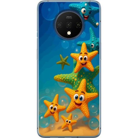 Kompatibelt Mobildeksel til OnePlus 7T Fargerike glade sjøstjerner med store øyne på havbunnen med bobler og blått undervannsbakgrunn i barnevennlig s