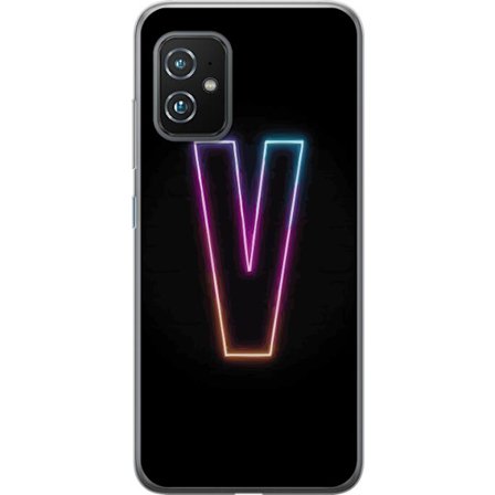 Yhteensopiva Puhelinkuori Asus Asus Zenfone 8 Neonkirjain V värikoodattu valossa mustaa taustaa vasten, minimalistinen muotoilu selkeällä hehkulla