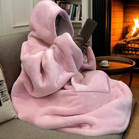 1 stk. Hyggeligt vendbart fleece tæppe med hætte og kængurulomme, blødt fløjlsagtigt transportabelt tæppe