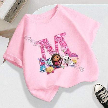 Nye Gabby Dukkehuse T-shirts til børn Søde tegneseriebrevprintede børneoverdele Baby bomulds korte ærmer 2024 pigetøj
