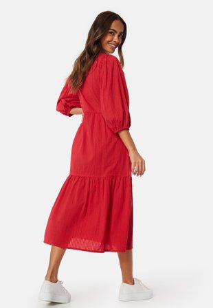 Happy Holly - Balloon Sleeve Cotton Dress - Red - Kläder - - Bubbleroom