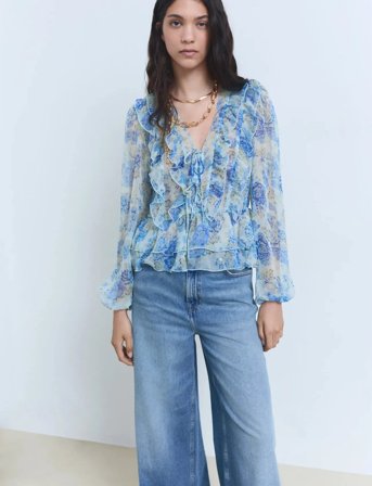 Mango Floral Ruffled Blouse - Blue - S
