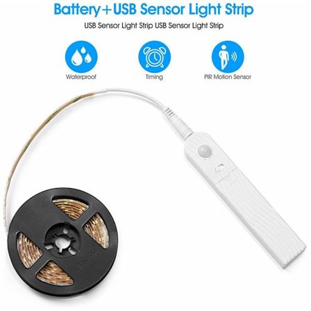 2M LED-strip med bevægelsessensor, 120LED dæmpbar batteridrevet selvklæbende LED-strip, til køkken vægskabe garderobe trapper (kold hvid)
