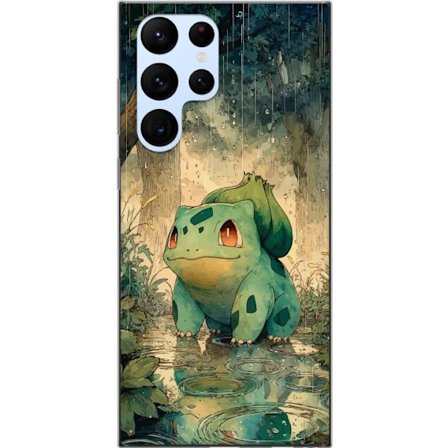 Kompatibelt Mobilskal till Samsung Samsung Galaxy S22 Ultra 5G Tecknad grönt monster i regnskogsmiljö med vackra färger, naturinspirerat motiv perf