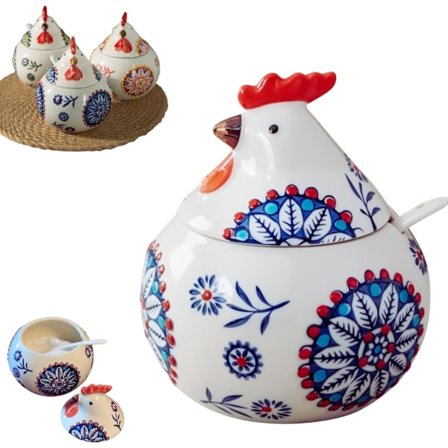 Saltkar med lokk og skje, keramisk kyllingkrydderkrukke for oppbevaring av salt, pepper og sukker på kjøkkenbenken, ideell for hjemmekokker