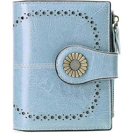 Bifold Pung Kortholder Ægte Læder RFID-beskyttet Pung til Kvinder med 16 Kortlommer lyseblå