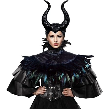 Naisten goottilainen musta höyhenviitta hartiahuivi paholaisen härän sarvilla Halloween-variskuningatar-asu