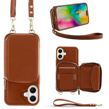 För iPhone 16 Plus Skal RFID-blockerande Plånbok med Dragkedja Läder Telefonskydd med Remmar - Roséguld