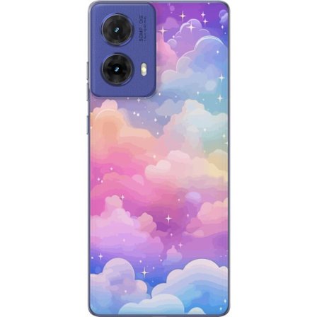 Kompatibelt Mobildeksel til Motorola Moto G85 Søt enhjørning med regnbuefarget hår mot en stjernebelagt pastellbakgrunn i kawaii-stil