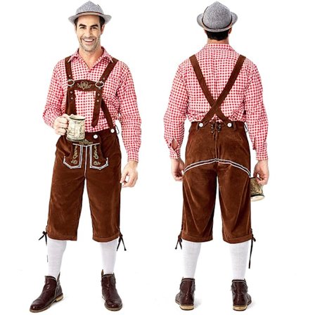Tysk Oktoberfest Kostyme Menn | Rutete Skjorte med Broderte Seler & Hatt*Rød topp + brune seler + hatt*XXL Rød topp + brune seler + hatt