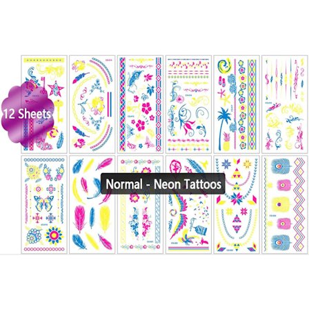 UV-valossa hohtavat väliaikaiset tatuoinnit, kukkien höyhensiipi UV-neon tatuointitarrat aikuisille