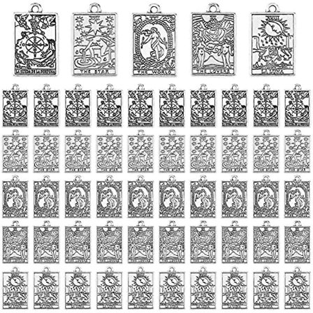 50 stk. Antik Sølv Tarotkort Charms Rektangel Tarot Charms Lykkehjulet De Elskende Verdenen Stjernen Luna Zinklegering Tarot Dingle Charms til J